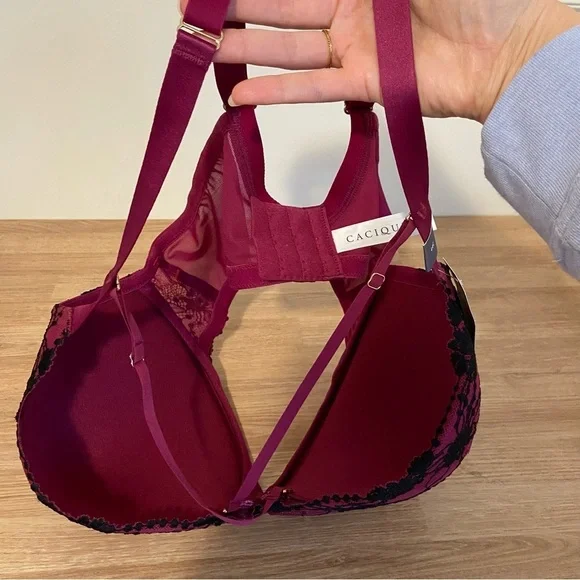 Cacique NWT Max Boost Plunge Lace Strappy Sexy Lace Bra Raspberry Black 44C - Picture 6 of 12